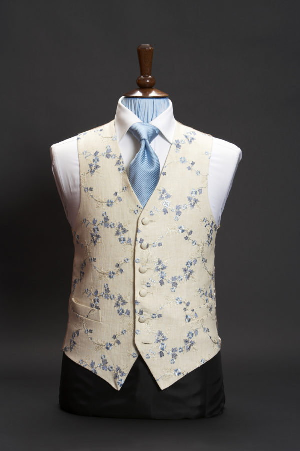 Cream linen waistcoat with blue floral embroidery