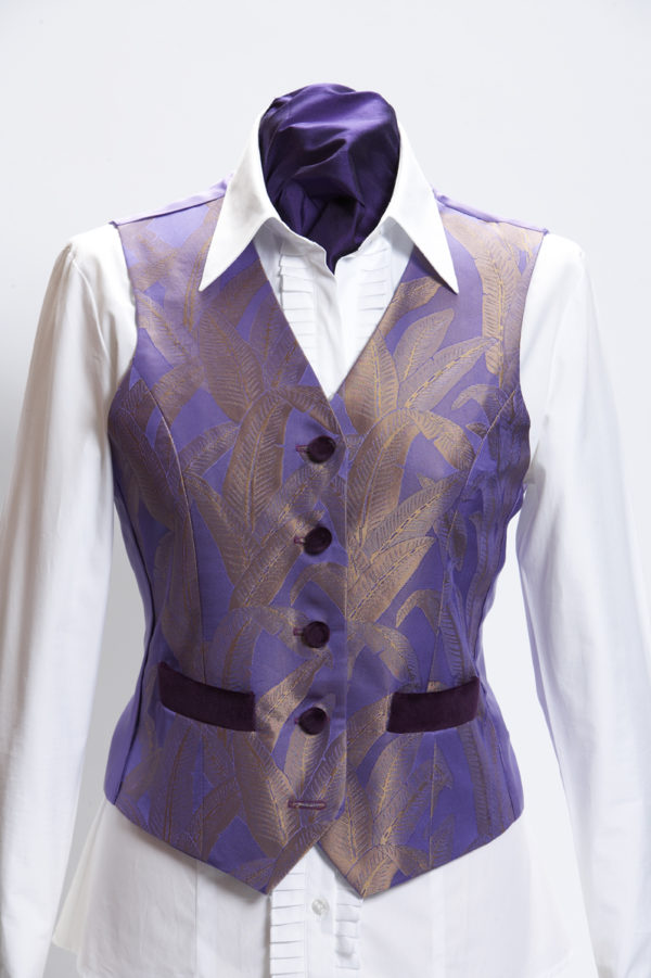 Ladies lilac banana leaf silk waistcoat with purple velvet pockets and buttons