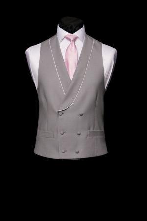 Grey double breasted wool waistcoat with ivory silk piping