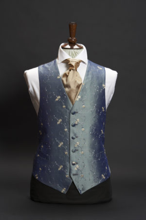 Petrol blue silk waistcoat with gold ball embroidery
