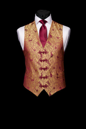 Burgundy silk hare and pheasant waistcoat with silk frogging