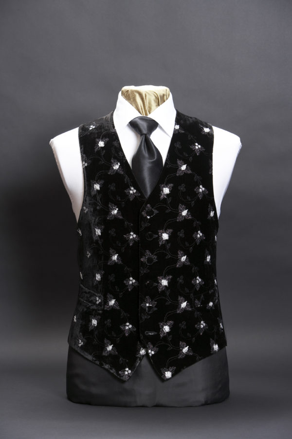 Black velvet waistcoat with small silver flower embroidery