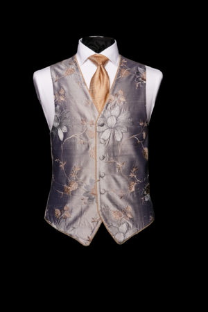 Silver silk embroidered waistcoat with floral embroidery and piping