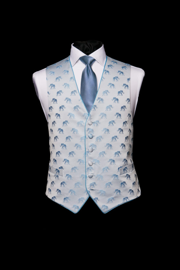 Ice blue silk base waistcoat with blue elephants and blue silk piping