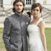 Grey linen Nehru jacket with grey swirl embroidery