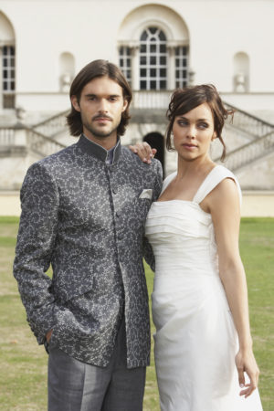 Grey swirl embroidered linen Nehru jacket