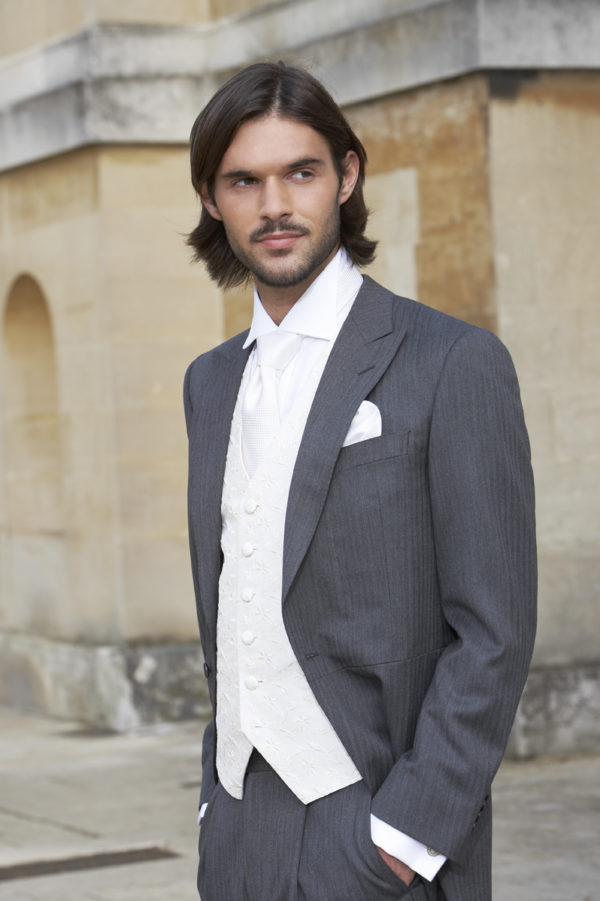 Light weight grey herringbone morning coat with grey herringbone trousers