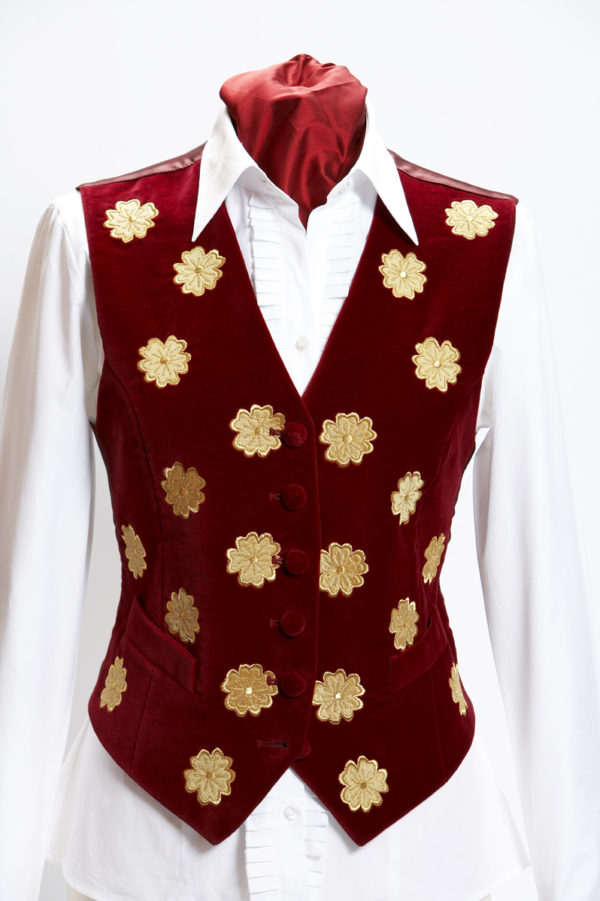Ladies embroidered red velvet waistcoat with gold flowers