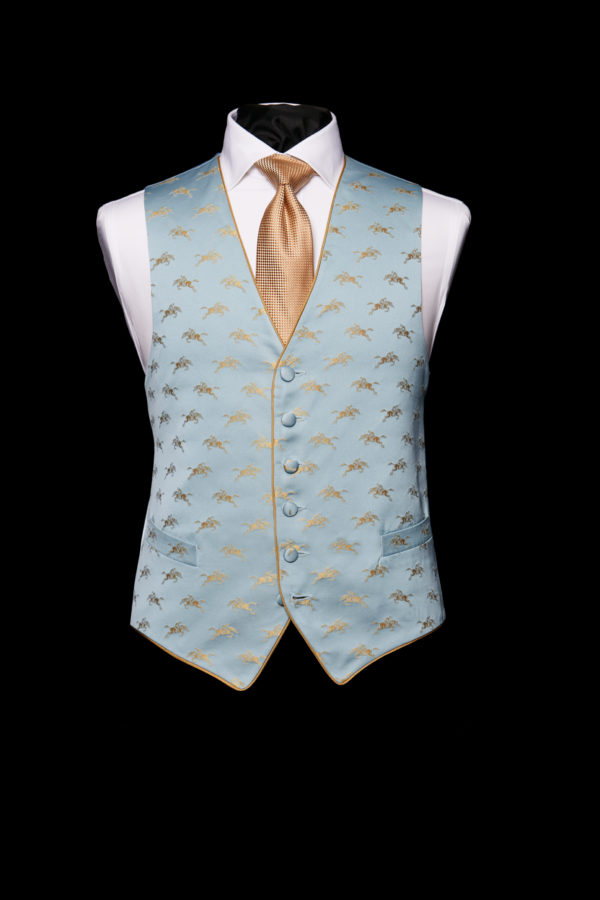 Blue silk base with gold horses waistcoat with gold silk piping