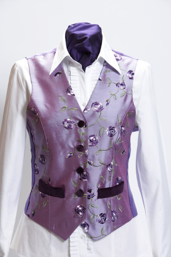 Ladies lilac roses silk embroidered waistcoat with purple velvet pockets and buttons 1 Ladies lilac roses silk embroidered waistcoat with purple velvet pockets and buttons