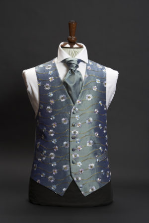 Petrol blue silk embroidered waistcoat with daisy floral embroidery