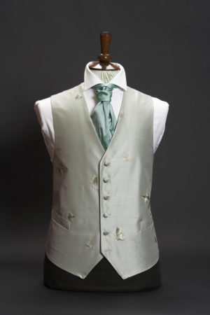Pale teal green silk waistcoat with embroidered butterflies