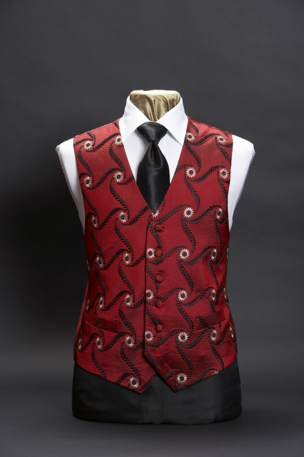 Red silk waistcoat with black and gold floral embroidery