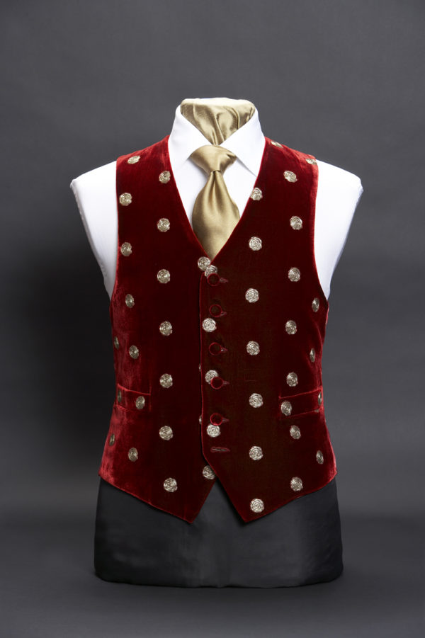 Burgundy velvet embroidered waistcoat with gold spots