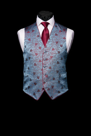 Blue silk base with burgundy bees and silk piping
