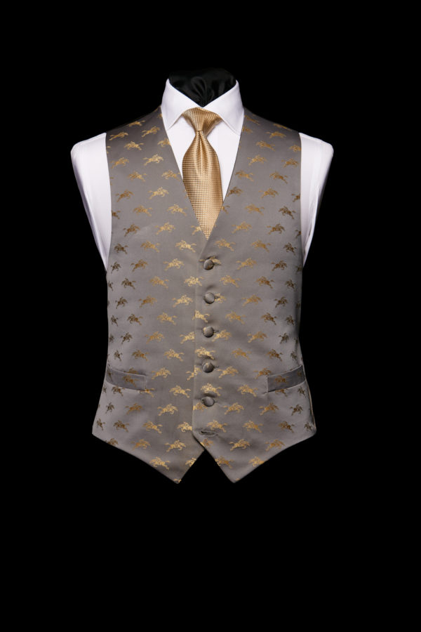 Grey silk waistcoat with gold horses 1 Grey silk waistcoat with gold horses