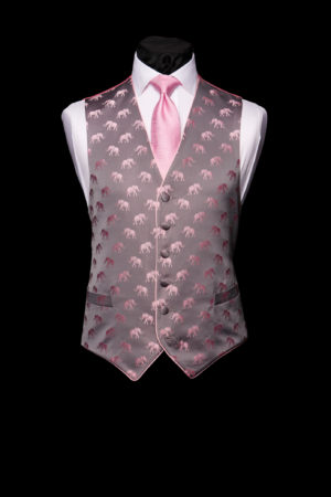 Grey silk waistcoat with pink elephants and silk piping
