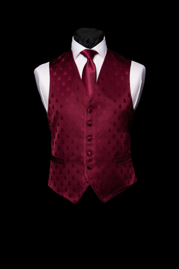 Burgundy silk bee waistcoat with silk piping