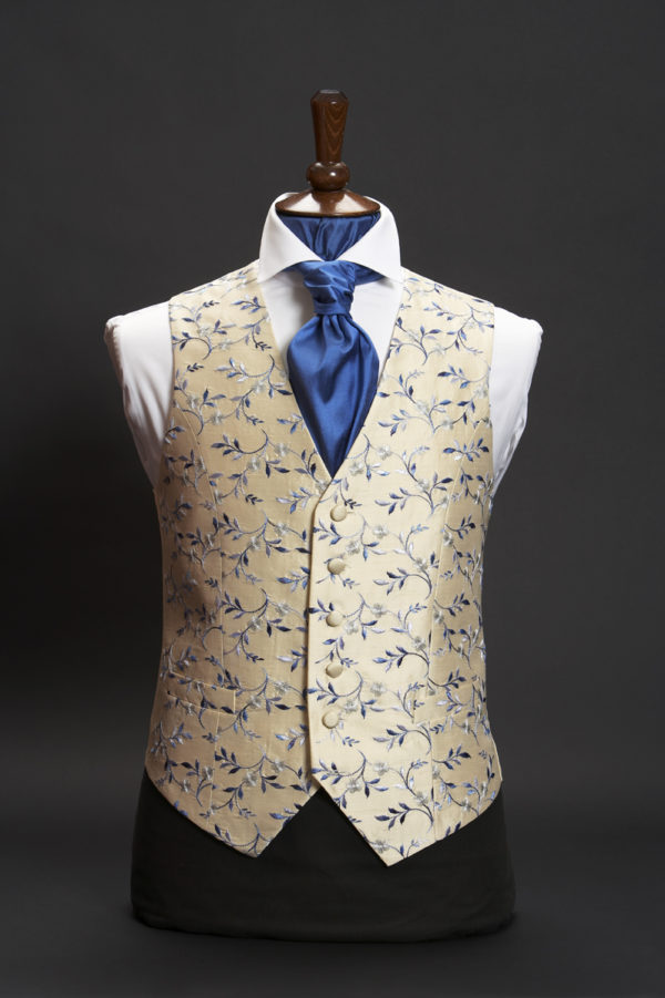 Cream silk waistcoat with blue and silver embroidery