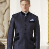 Bespoke Nehru jacket in navy blue silk damask with navy blue velvet collar and pockets