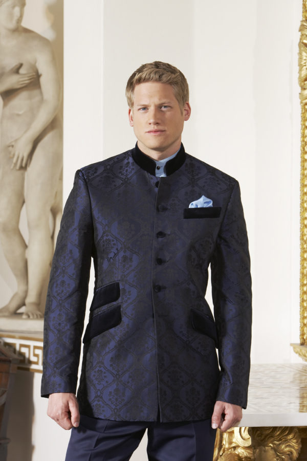 Bespoke Nehru jacket in navy blue silk damask with navy blue velvet collar and pockets