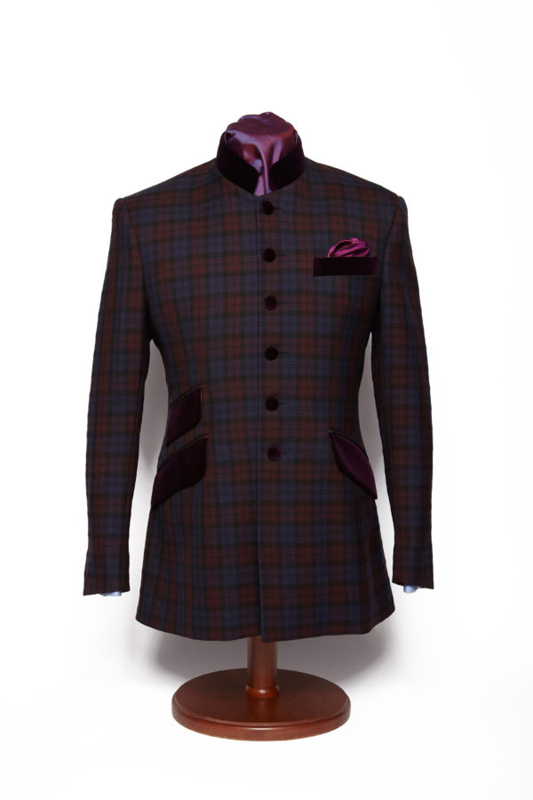 Tartan purple wool Nehru Jacket with purple velvet pockets and collar 1 Tartan purple wool Nehru Jacket with purple velvet pockets and collar