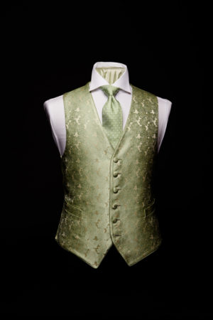 Green and ivory silk roses waistcoat and silk piping