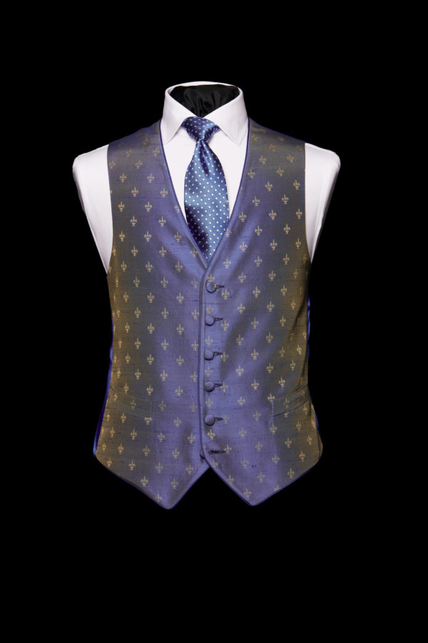Blue silk base waistcoat with fleur de lys and blue silk piping