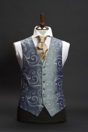 Petrol blue silk embroidered waistcoat with silver paisley swirl embroidery