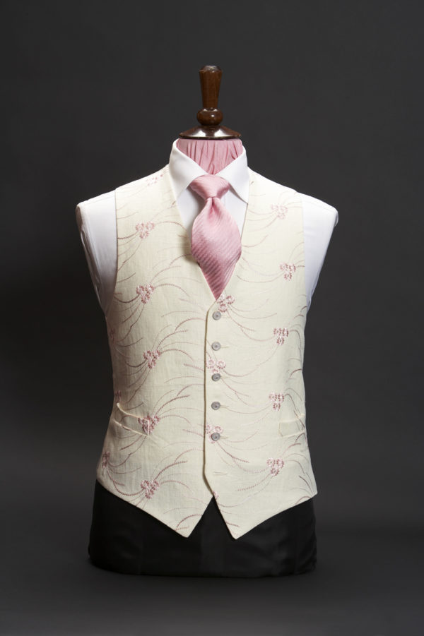 Ivory linen waistcoat with pink embroidery