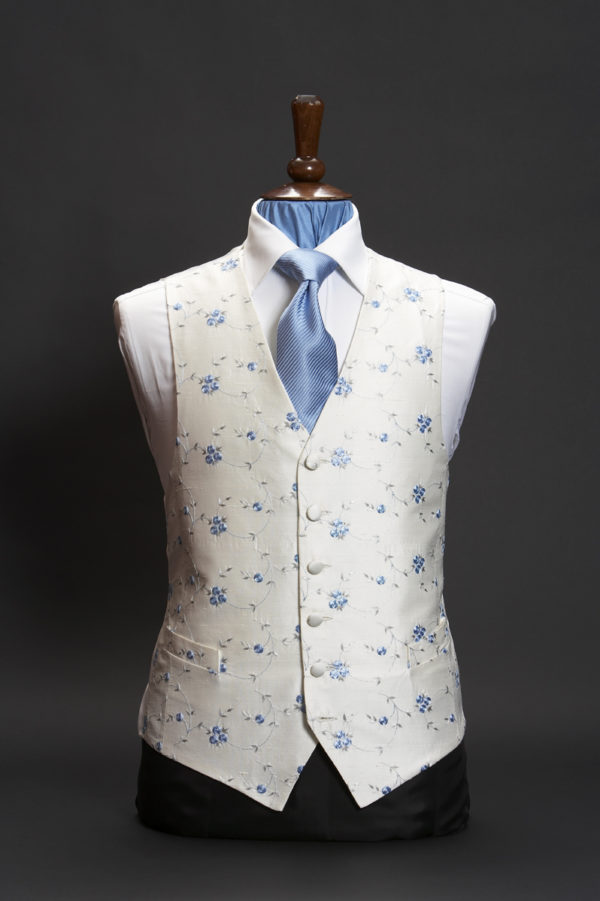 Ivory silk waistcoat with small sky blue cherry embroidery