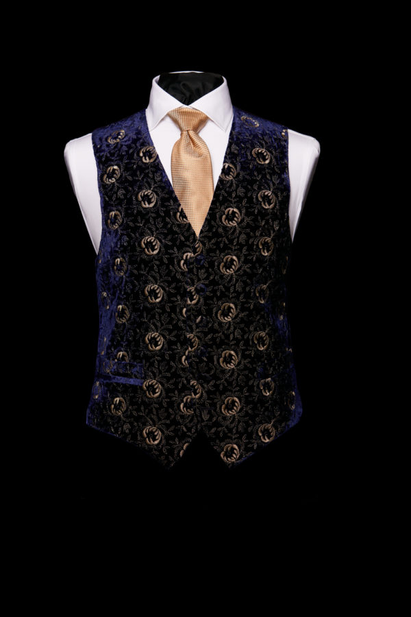 Midnight blue velvet embroidered waistcoat with gold