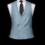 Cornflower blue double breasted wool waistcoat with silk piping