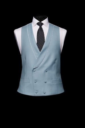 Cornflower blue double breasted wool waistcoat with silk piping