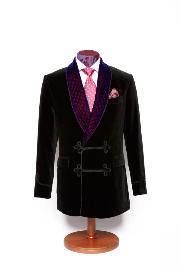 Black double breasted velvet smoking jacket with purple quilted lapel