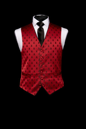 Red silk waistcoat with black bees and piping