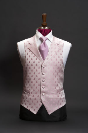 Pink silk bee pattern waistcoat with lapels