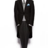 Black herringbone light weight morning coat with silk edging and grey stripe wool trousers