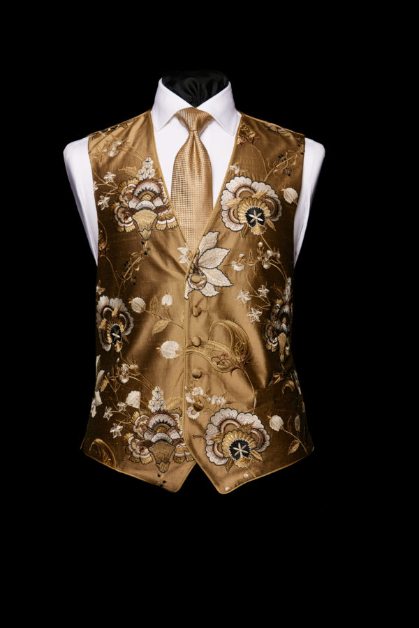 Gold damask silk embroidered waistcoat with gold piping | Neal & Palmer