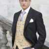 Light weight black herringbone wool morning coat with grey stripe trousers