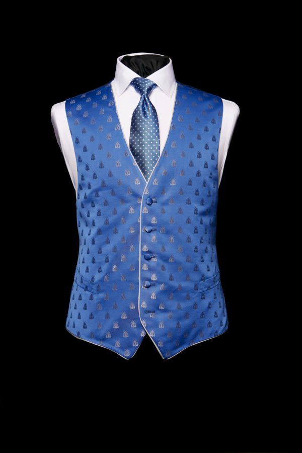 Blue silk base with silver bee waistcoat with silk silver piping