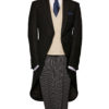 Plain black light weight morning coat with grey stripe trousers