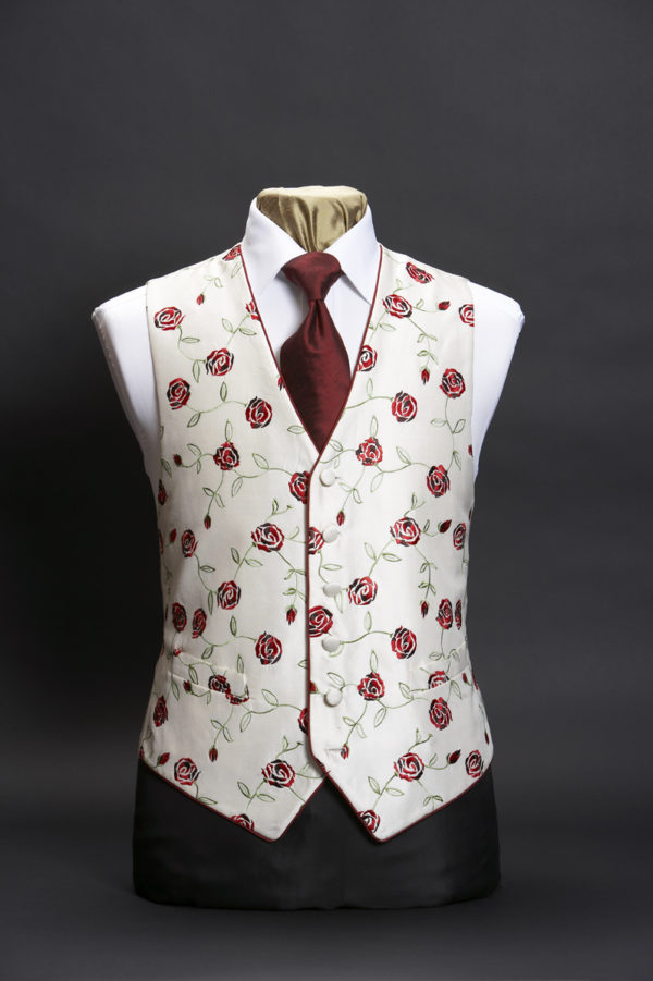 Ivory silk waistcoat with red roses embroidery and red piping