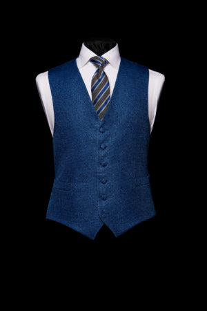 Blue silk and linen basketweave single breasted six button waistcoat