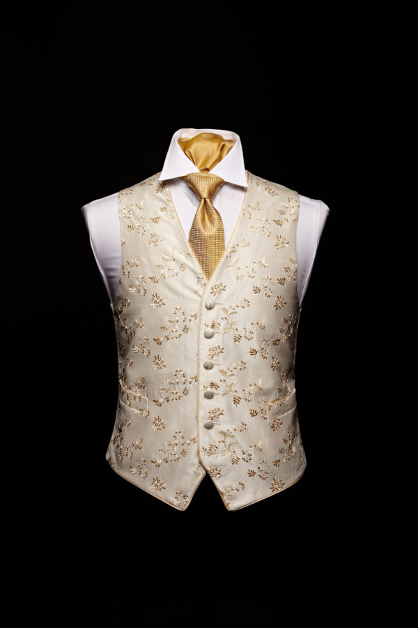 Ivory silk champagne embroidered waistcoat with ivory silk piping