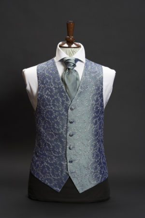 Petrol blue silk waistcoat with silver swirl embroidery