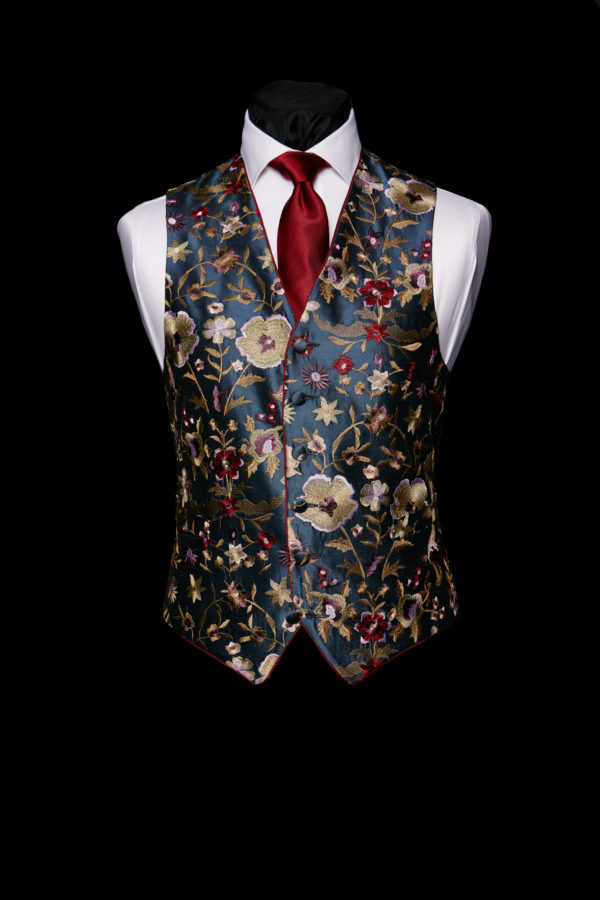 Navy blue silk embroidered limited edition waistcoat with red silk piping