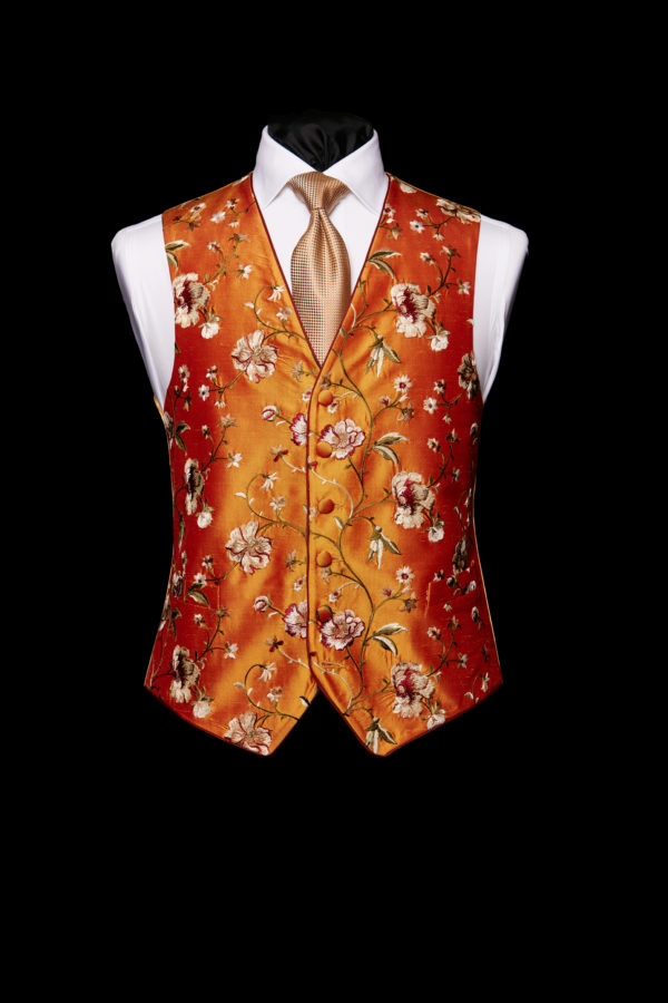 Burnt orange limited edition embroidered waistcoat with red silk piping