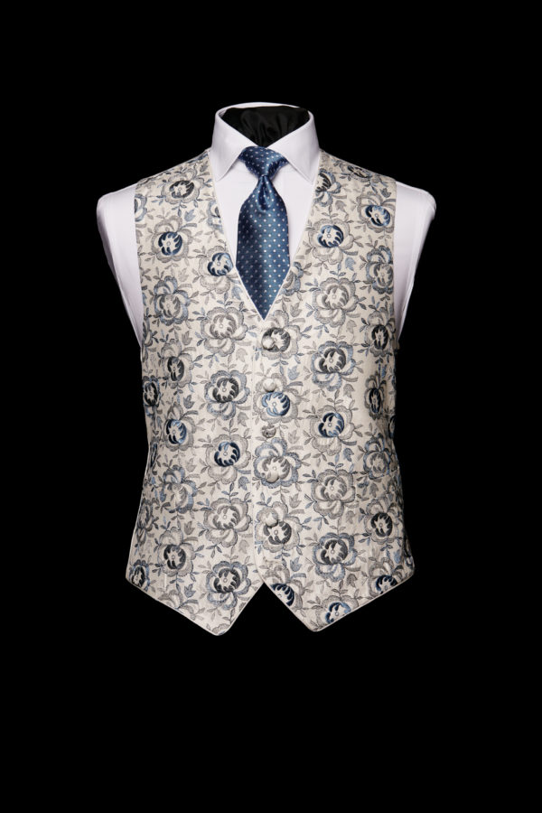 Ivory silk waistcoat with blue and silver embroidery with ivory silk piping