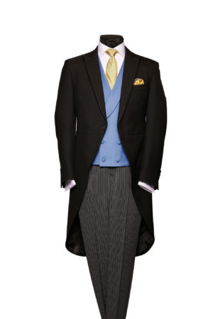 Black herringbone light weight morning coat with silk piping
